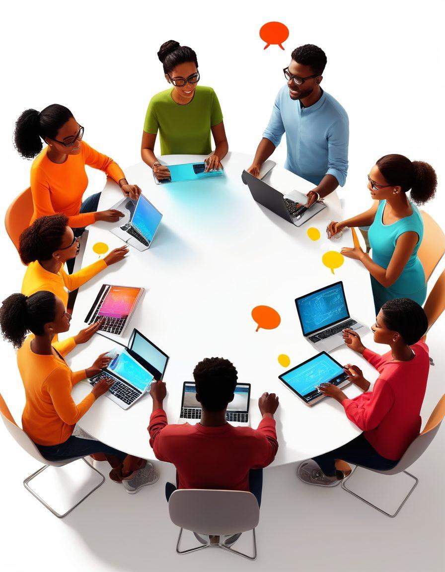 An illustration depicting a diverse group of people around a digital table, exchanging ideas and sharing knowledge through laptops and tablets, with vibrant chat bubbles symbolizing collaboration. Subtle imagery of a virtual community in the background, blending real and virtual elements. Warm colors for a welcoming atmosphere. vector art. bright tones. white background.